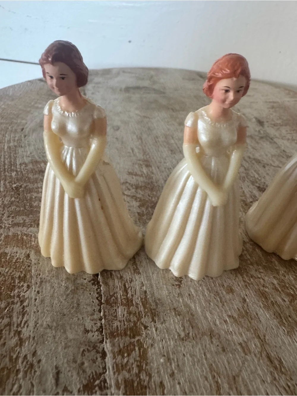 Vintage Plastic Lady Figurine Trio in Ivory with Pink Hair